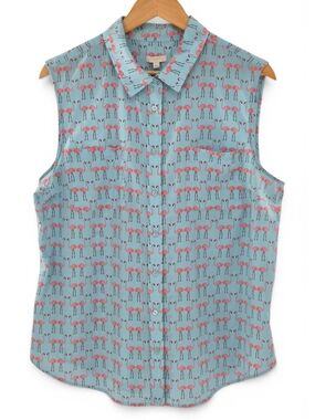 Talbots XL Blue Sleeveless Button-Up Blouse with Pink Flamingo Print